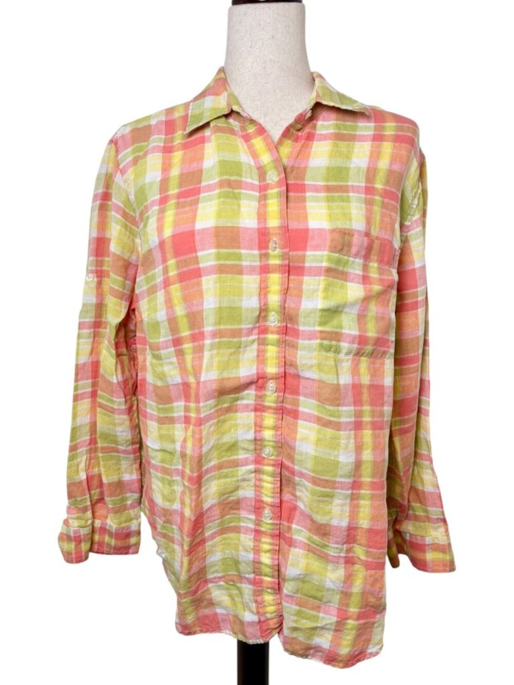 Jones New York Sport Pink Green Plaid Linen Button Down Shirt Size 1X